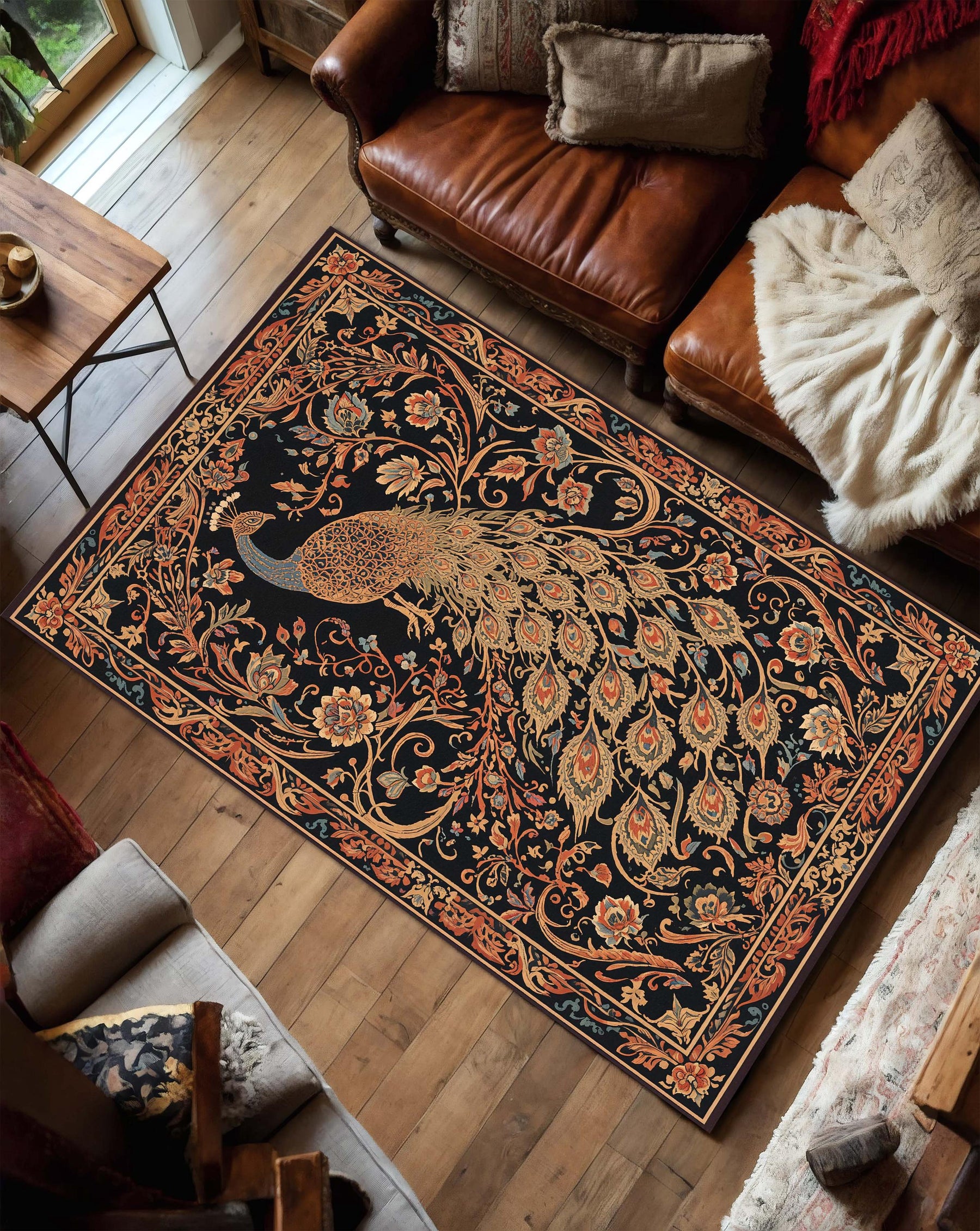 Peacock Rug Black Floral Oriental Vintage Carpet – Vintage Style Washable Area Rug for Living Room or Bedroom, Boho Decor Statement Piece