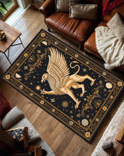 Mythical Griffin Rug, Celestial Black Gold Area Rug, Vintage Occult Constellation Carpet for Living Room Bedroom Boho Gothic Decor Aesthetic