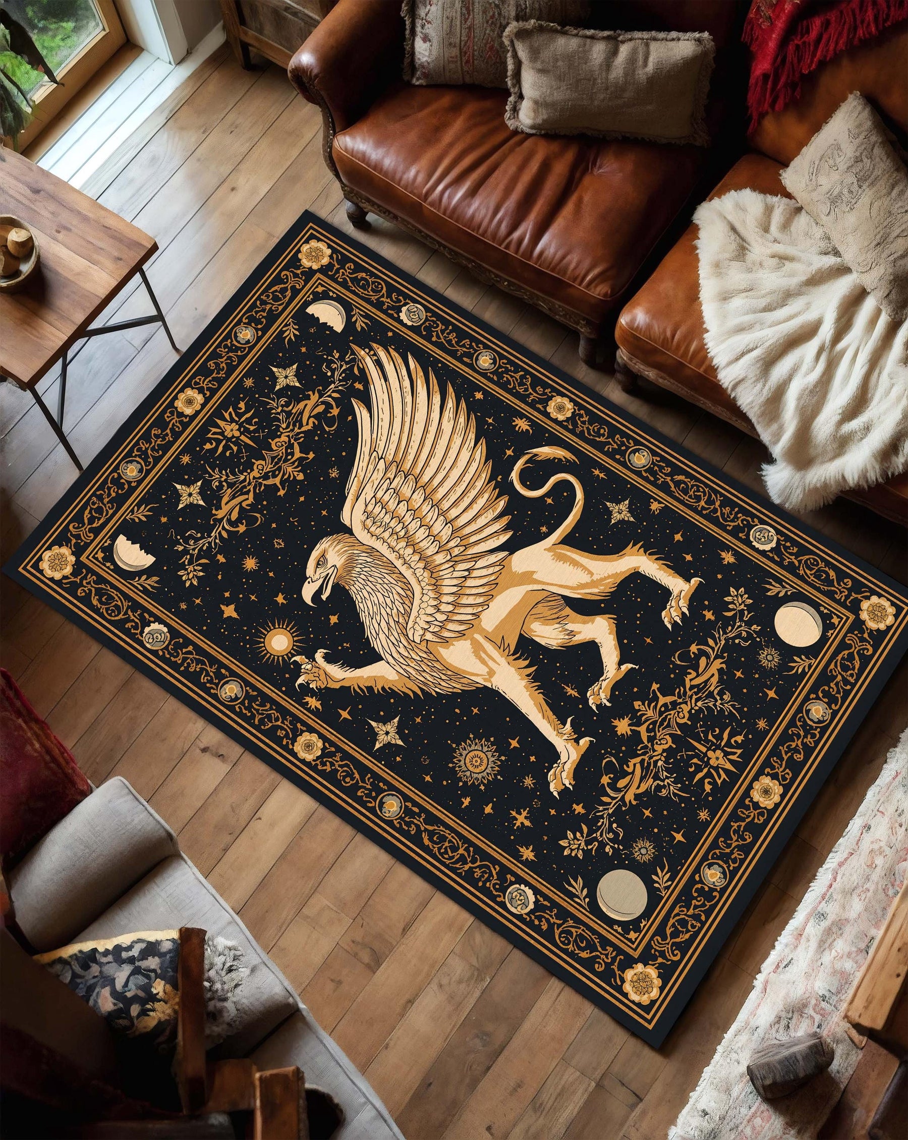 Mythical Griffin Rug, Celestial Black Gold Area Rug, Vintage Occult Constellation Carpet for Living Room Bedroom Boho Gothic Decor Aesthetic