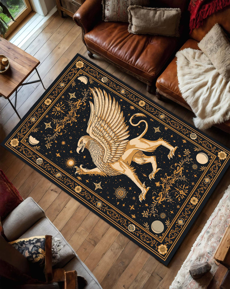 Mythical Griffin Rug, Celestial Black Gold Area Rug, Vintage Occult Constellation Carpet for Living Room Bedroom Boho Gothic Decor Aesthetic