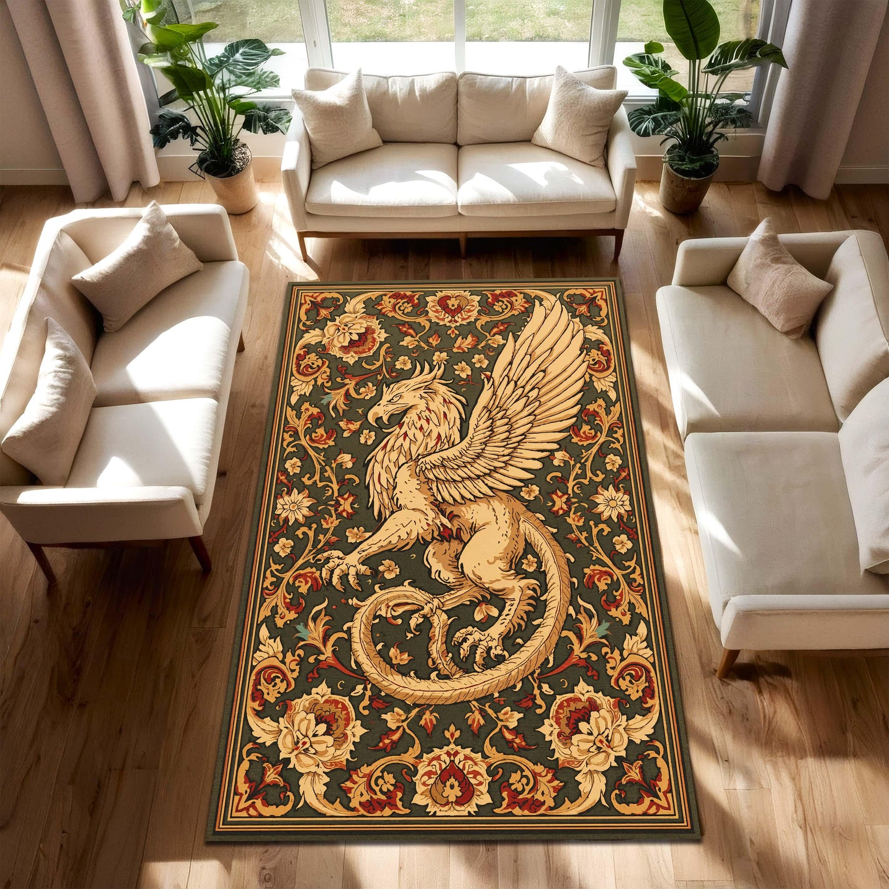 Griffin Medieval Area Rug – Vintage Heraldic Tapestry Style Carpet with Floral Border Gothic Mythical Creature Decor for Living Room Bedroom