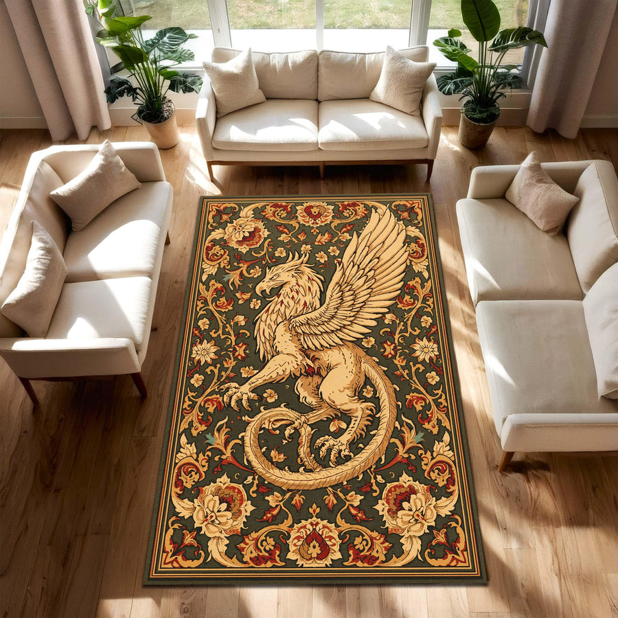 Griffin Medieval Area Rug – Vintage Heraldic Tapestry Style Carpet with Floral Border Gothic Mythical Creature Decor for Living Room Bedroom