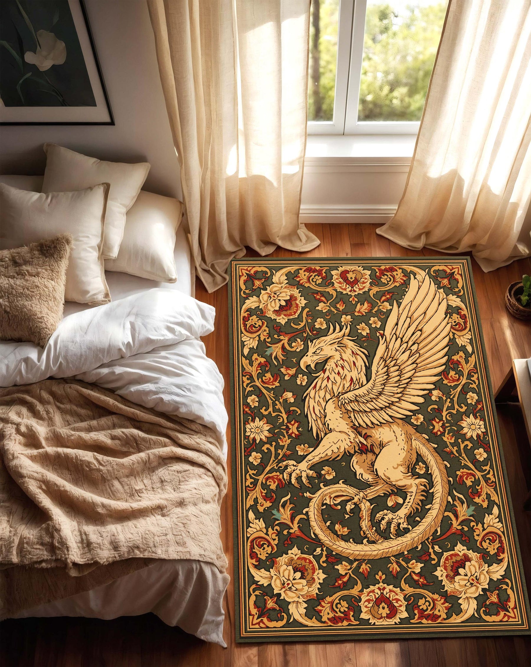 Griffin Medieval Area Rug – Vintage Heraldic Tapestry Style Carpet with Floral Border Gothic Mythical Creature Decor for Living Room Bedroom