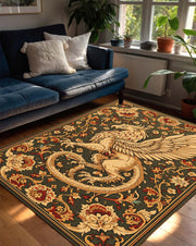 Griffin Medieval Area Rug – Vintage Heraldic Tapestry Style Carpet with Floral Border Gothic Mythical Creature Decor for Living Room Bedroom