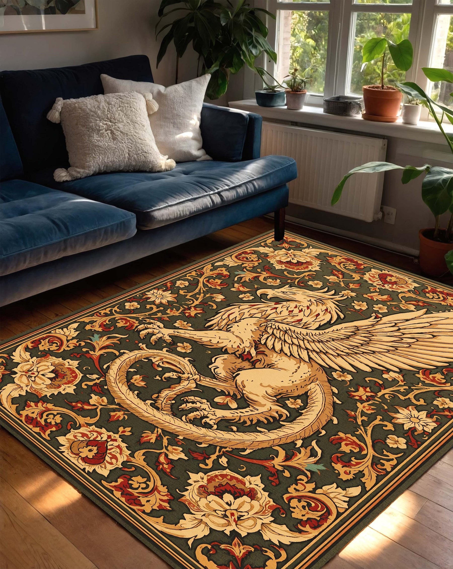 Griffin Medieval Area Rug – Vintage Heraldic Tapestry Style Carpet with Floral Border Gothic Mythical Creature Decor for Living Room Bedroom