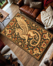 Griffin Medieval Area Rug – Vintage Heraldic Tapestry Style Carpet with Floral Border Gothic Mythical Creature Decor for Living Room Bedroom