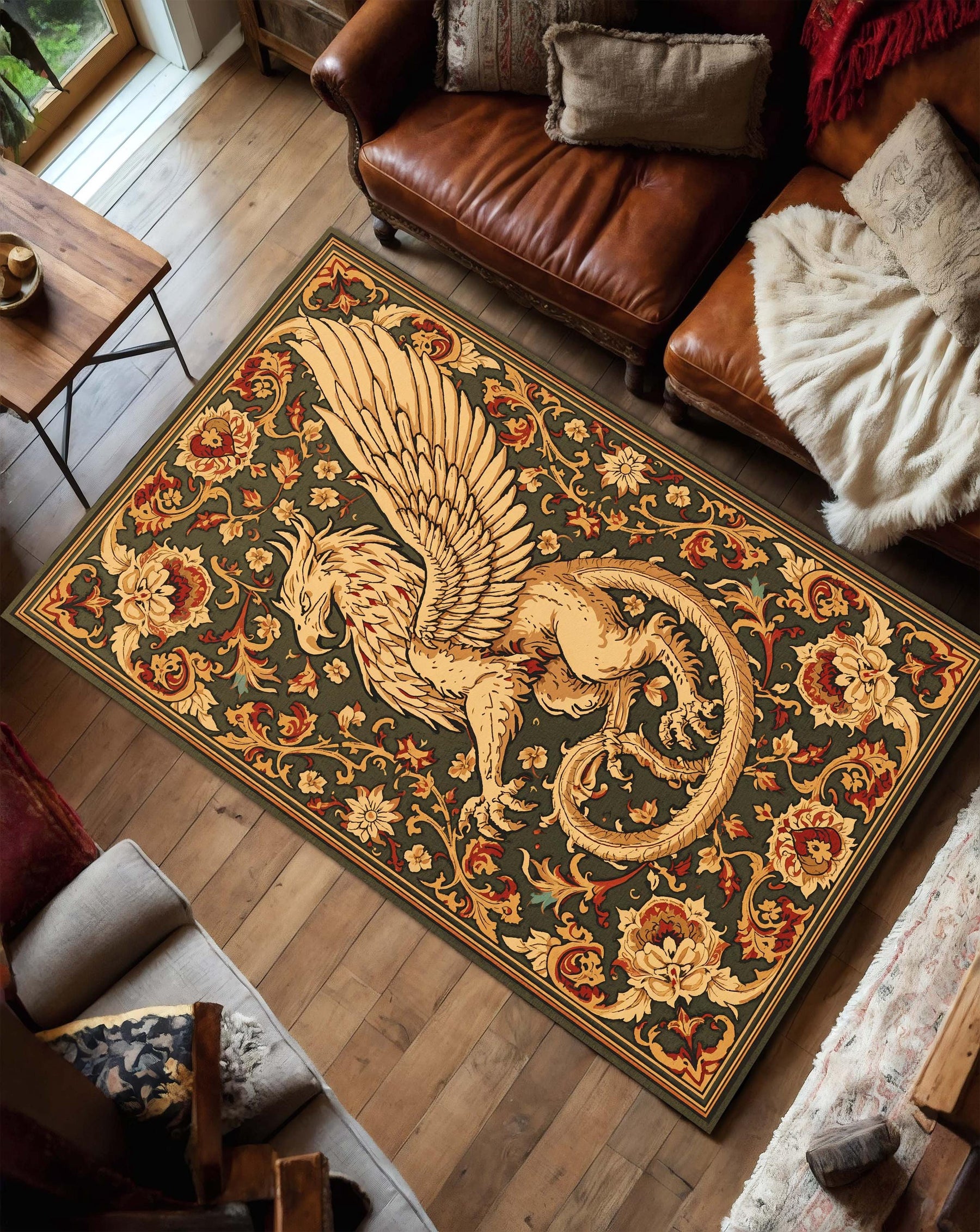 Griffin Medieval Area Rug – Vintage Heraldic Tapestry Style Carpet with Floral Border Gothic Mythical Creature Decor for Living Room Bedroom