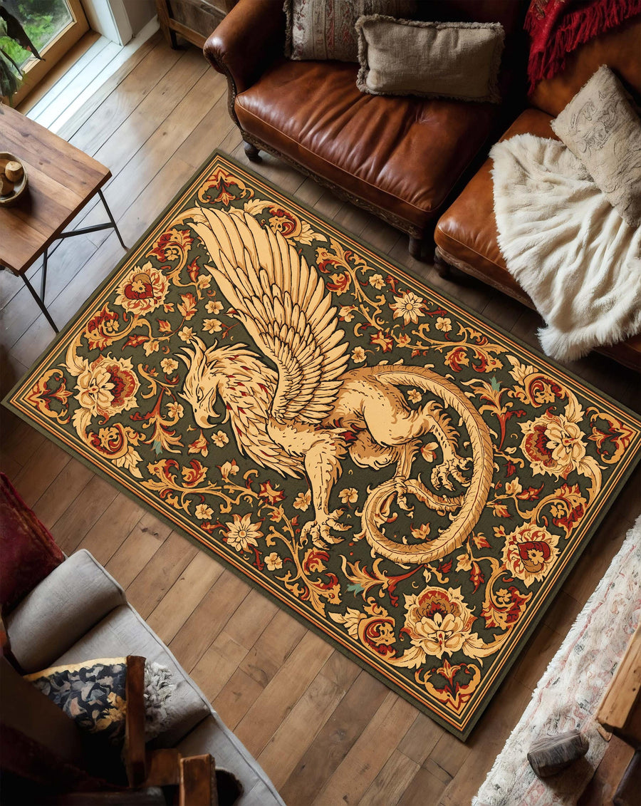 Griffin Medieval Area Rug – Vintage Heraldic Tapestry Style Carpet with Floral Border Gothic Mythical Creature Decor for Living Room Bedroom