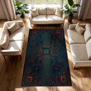 Circuit Board Area Rug for Living Room or Bedroom, Futuristic Tech Carpet, Cyberpunk Gamer Geek Decor, Teal Navy Orange Modern Mat Floor Rug