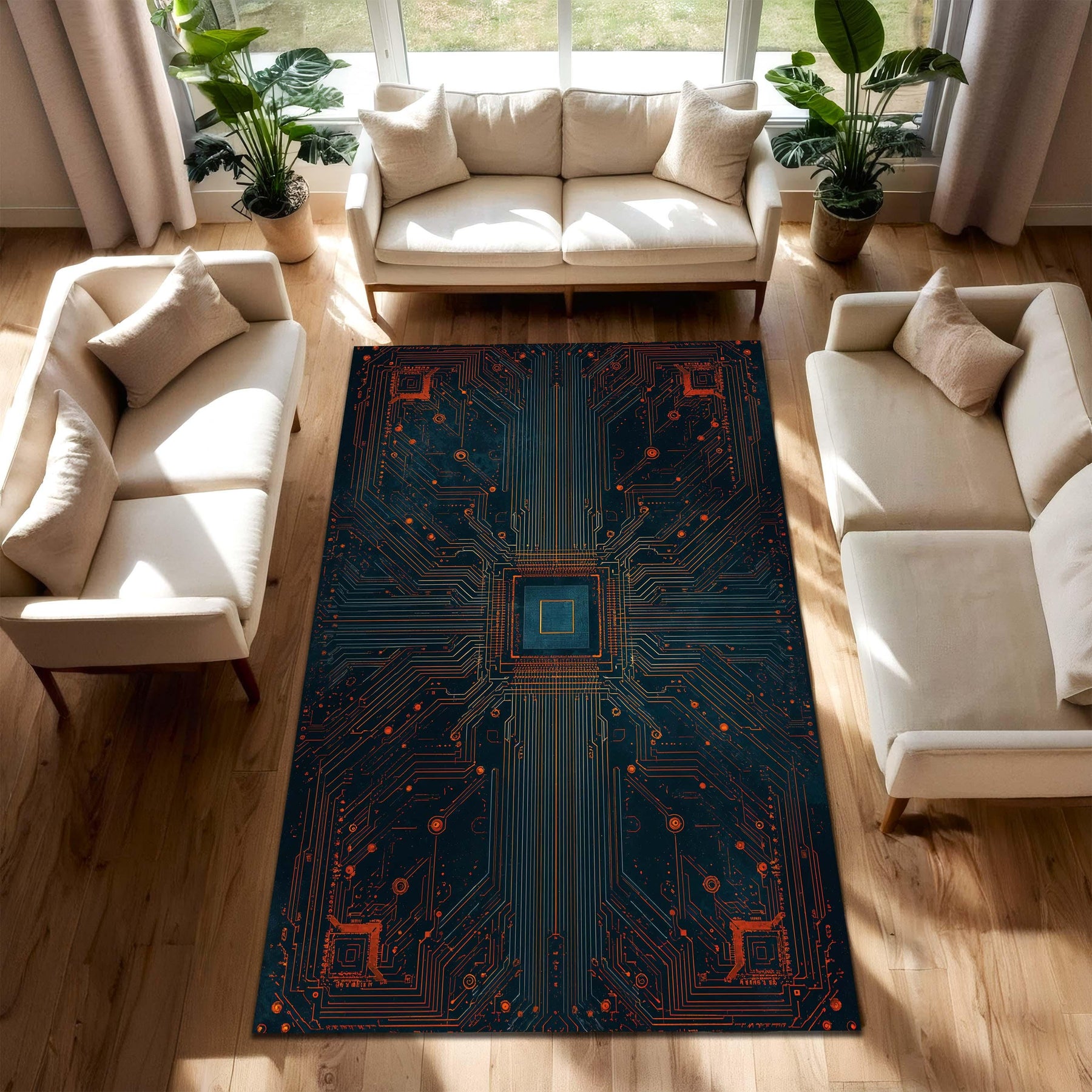 Circuit Board Area Rug for Living Room or Bedroom, Futuristic Tech Carpet, Cyberpunk Gamer Geek Decor, Teal Navy Orange Modern Mat Floor Rug
