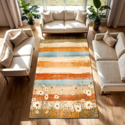Retro Daisy Stripe Area Rug, Orange Teal Beige Floral Carpet for Living Room Bedroom, Cottagecore Farmhouse Decor, Low Pile Washable Carpet