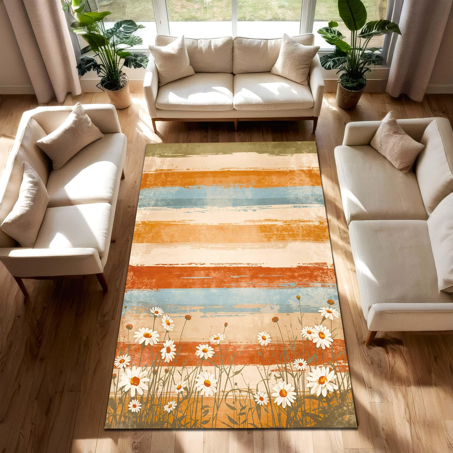Retro Daisy Stripe Area Rug, Orange Teal Beige Floral Carpet for Living Room Bedroom, Cottagecore Farmhouse Decor, Low Pile Washable Carpet