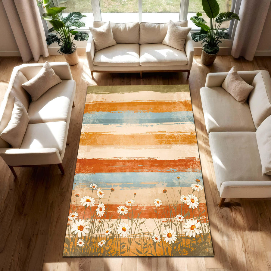 Retro Daisy Stripe Area Rug, Orange Teal Beige Floral Carpet for Living Room Bedroom, Cottagecore Farmhouse Decor, Low Pile Washable Carpet