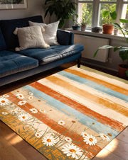 Retro Daisy Stripe Area Rug, Orange Teal Beige Floral Carpet for Living Room Bedroom, Cottagecore Farmhouse Decor, Low Pile Washable Carpet
