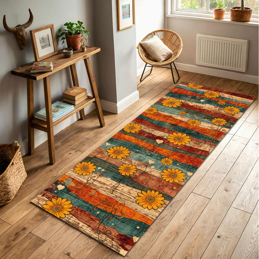Sunflower Boho Runner Rug, Rustic Vintage Striped Floral Hallway Mat, Teal Orange Farmhouse Decor, Entryway Kitchen Carpet, Cozy Floor Art