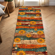 Sunflower Boho Runner Rug, Rustic Vintage Striped Floral Hallway Mat, Teal Orange Farmhouse Decor, Entryway Kitchen Carpet, Cozy Floor Art