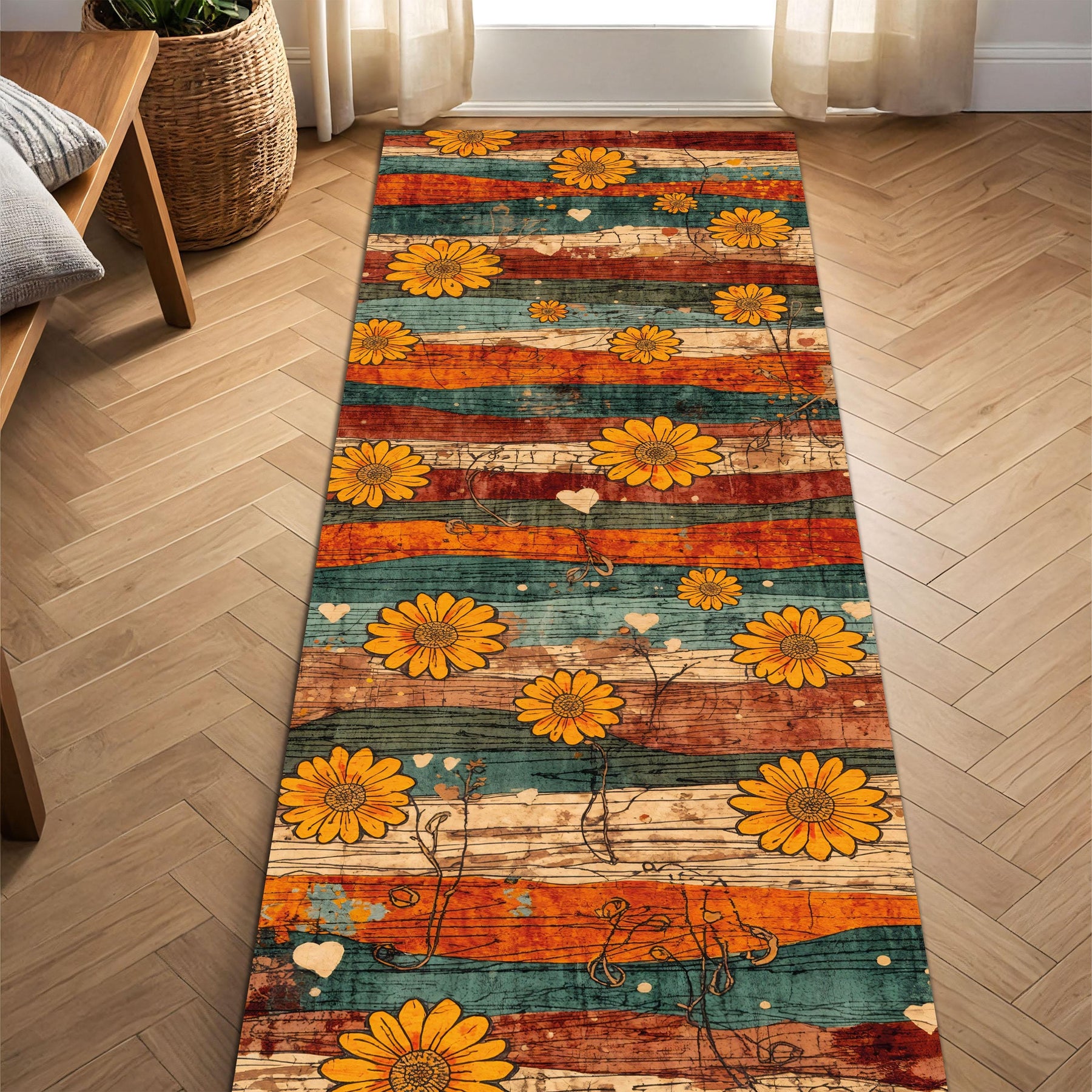 Sunflower Boho Runner Rug, Rustic Vintage Striped Floral Hallway Mat, Teal Orange Farmhouse Decor, Entryway Kitchen Carpet, Cozy Floor Art