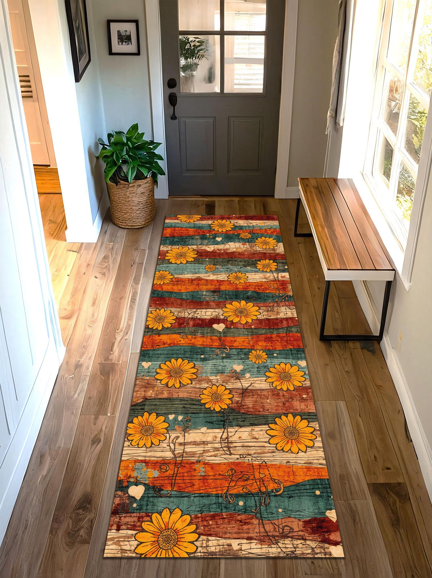 Sunflower Boho Runner Rug, Rustic Vintage Striped Floral Hallway Mat, Teal Orange Farmhouse Decor, Entryway Kitchen Carpet, Cozy Floor Art