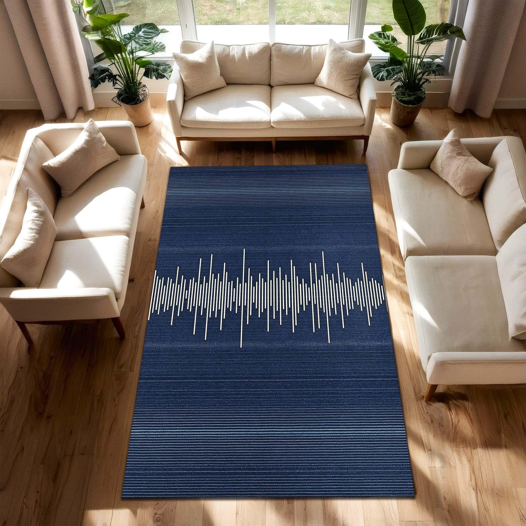 Navy Blue Sound Wave Rug – Modern Minimalist Area Carpet with Audio Waveform Design, Low Pile Soft Rug for Living Room, Contemporary Decor