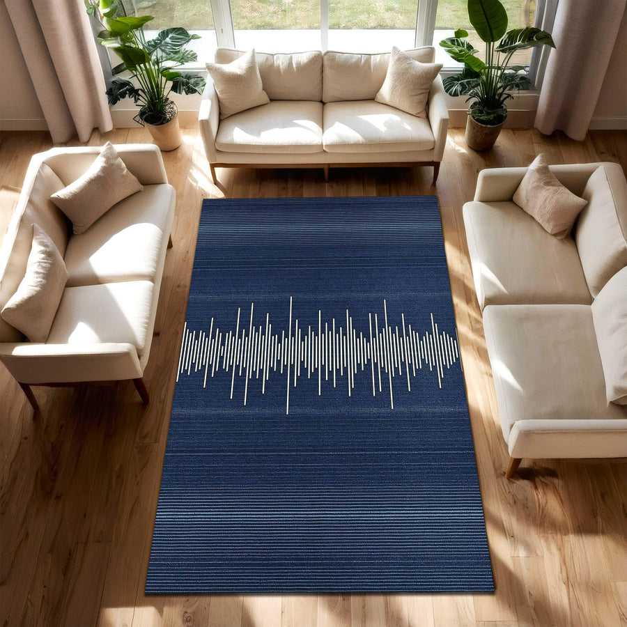 Navy Blue Sound Wave Rug – Modern Minimalist Area Carpet with Audio Waveform Design, Low Pile Soft Rug for Living Room, Contemporary Decor