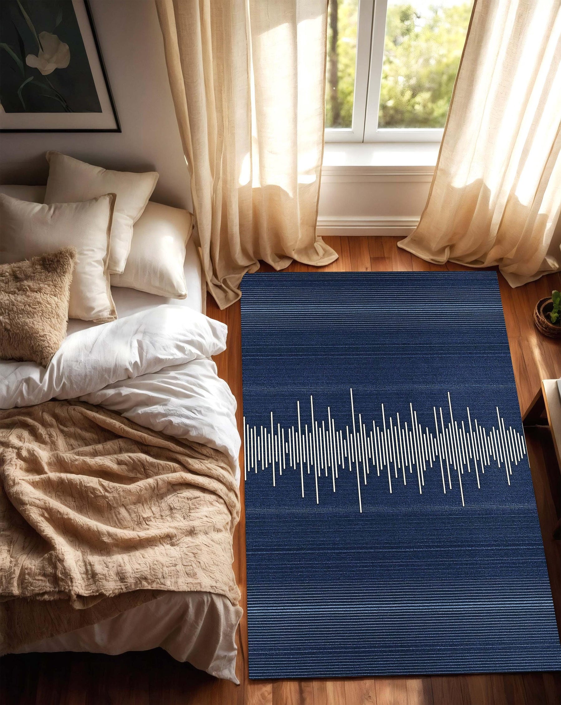 Navy Blue Sound Wave Rug – Modern Minimalist Area Carpet with Audio Waveform Design, Low Pile Soft Rug for Living Room, Contemporary Decor