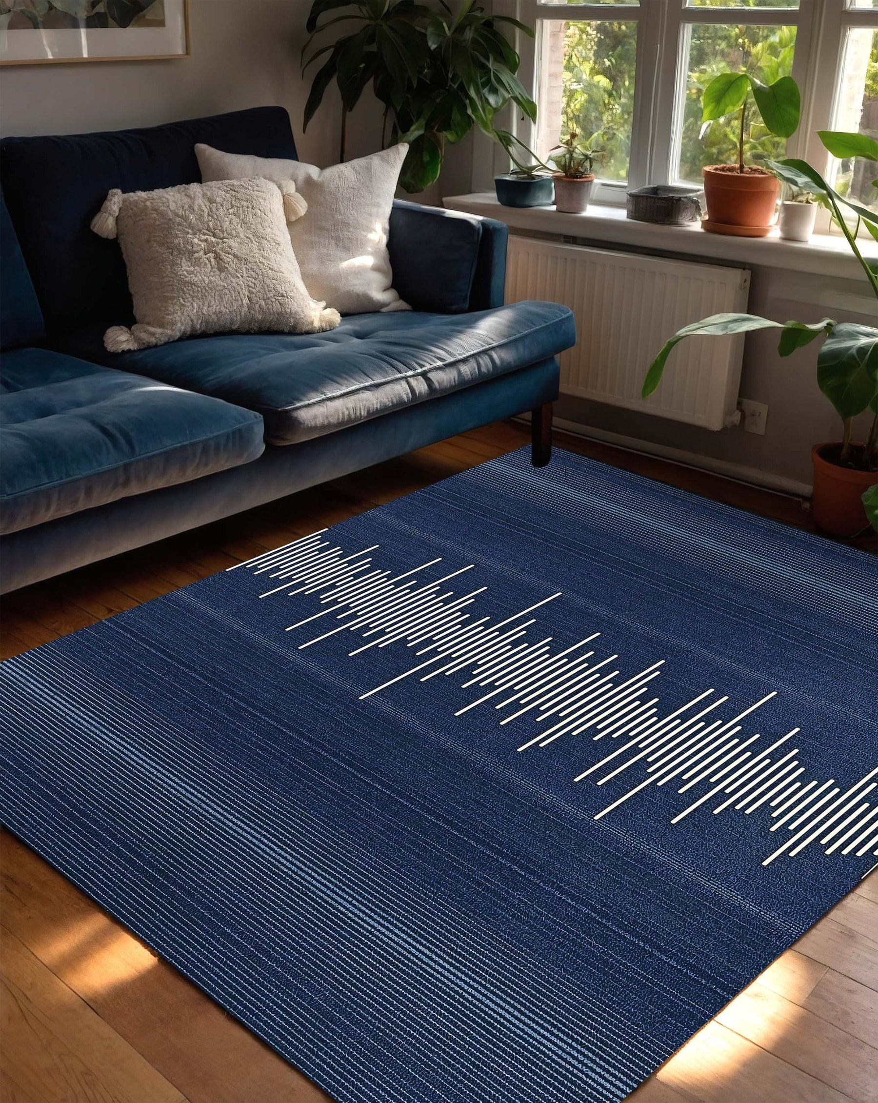 Navy Blue Sound Wave Rug – Modern Minimalist Area Carpet with Audio Waveform Design, Low Pile Soft Rug for Living Room, Contemporary Decor