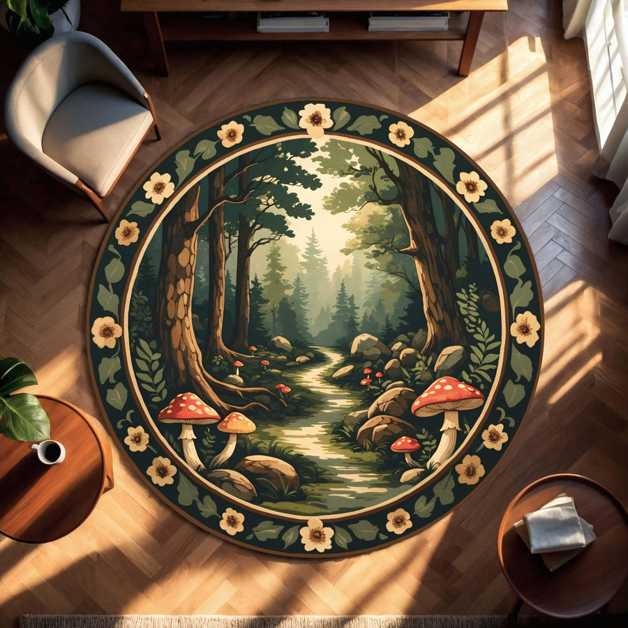 Round Mushroom Forest Rug, Cottagecore Woodland Path Carpet, Whimsical Fairycore Decor, Soft Washable Nature Trail Area Rug for Bedroom