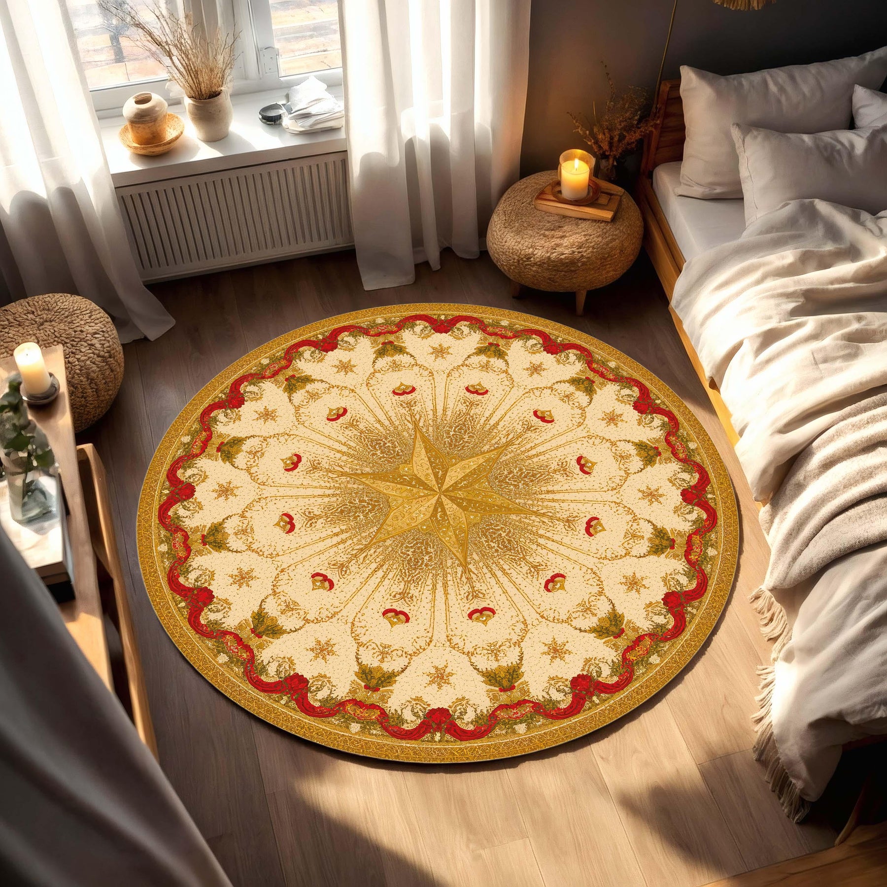 Christmas Round Oriental Rug in Red and Gold, Star Medallion Vintage Carpet, Festive Holiday Area Rug for Living Room Bedroom Cozy Decor