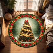 Round Christmas Tree Rug with Merry Christmas Text and Gift Border – Festive Holiday Living Room Carpet for Bedroom or Entryway Decor