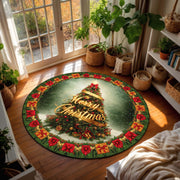Round Christmas Tree Rug with Merry Christmas Text and Gift Border – Festive Holiday Living Room Carpet for Bedroom or Entryway Decor