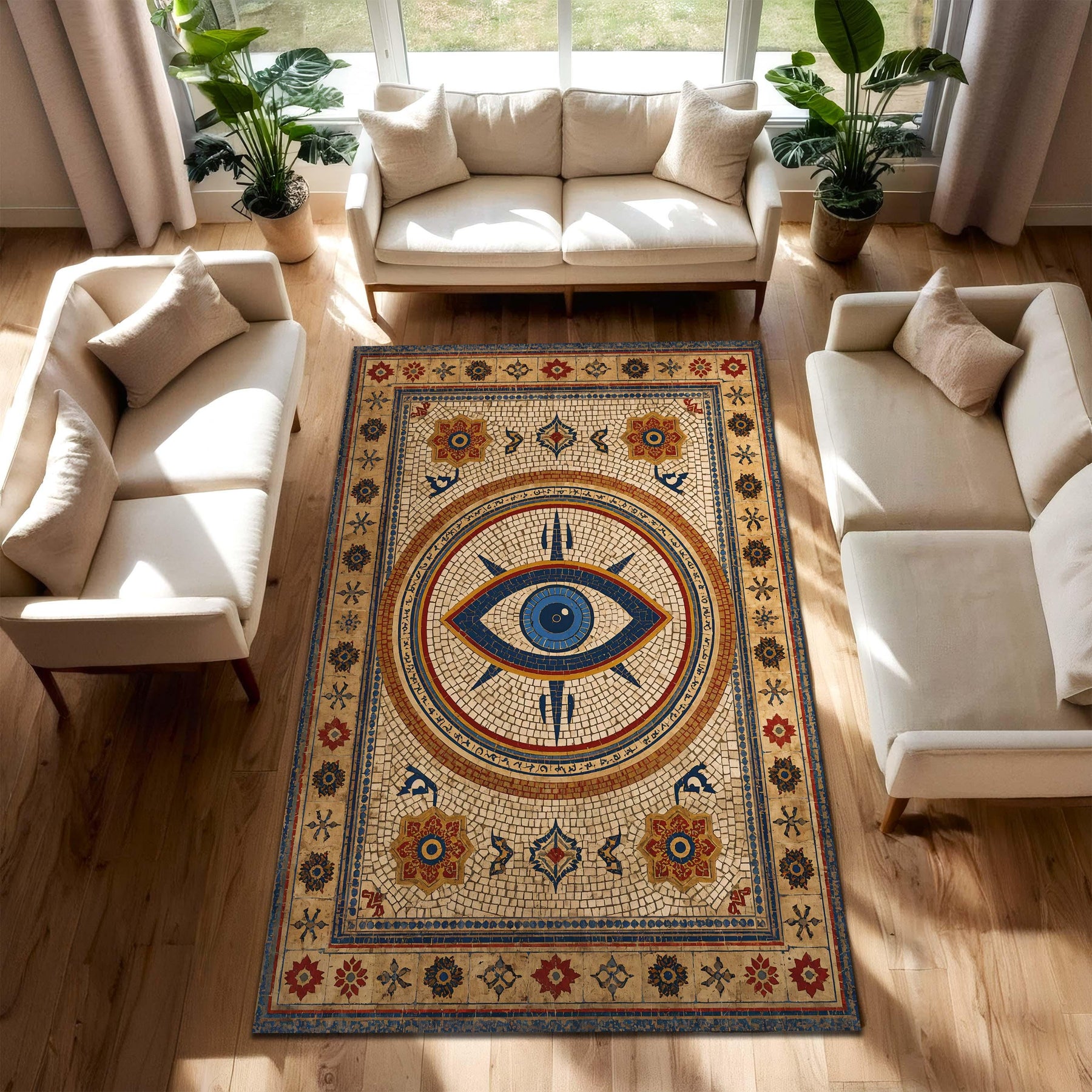 Evil Eye Mosaic Area Rug – Mediterranean Boho Vintage Nazar Carpet, Blue Gold Pattern for Living Room & Bedroom, Turkish Bohemian Decor