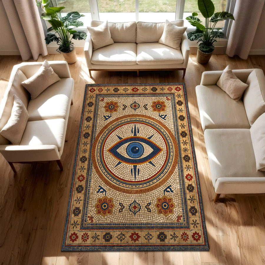 Evil Eye Mosaic Area Rug – Mediterranean Boho Vintage Nazar Carpet, Blue Gold Pattern for Living Room & Bedroom, Turkish Bohemian Decor