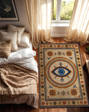 Evil Eye Mosaic Area Rug – Mediterranean Boho Vintage Nazar Carpet, Blue Gold Pattern for Living Room & Bedroom, Turkish Bohemian Decor