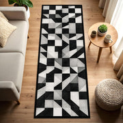 Modern Geometric Runner Rug in Black White Gray – Contemporary Hallway Entryway Kitchen Carpet, Low Pile Easy Care, Washable Non Slip Carpet