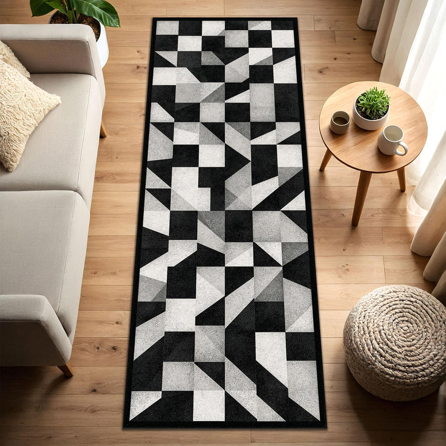Modern Geometric Runner Rug in Black White Gray – Contemporary Hallway Entryway Kitchen Carpet, Low Pile Easy Care, Washable Non Slip Carpet
