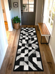 Modern Geometric Runner Rug in Black White Gray – Contemporary Hallway Entryway Kitchen Carpet, Low Pile Easy Care, Washable Non Slip Carpet