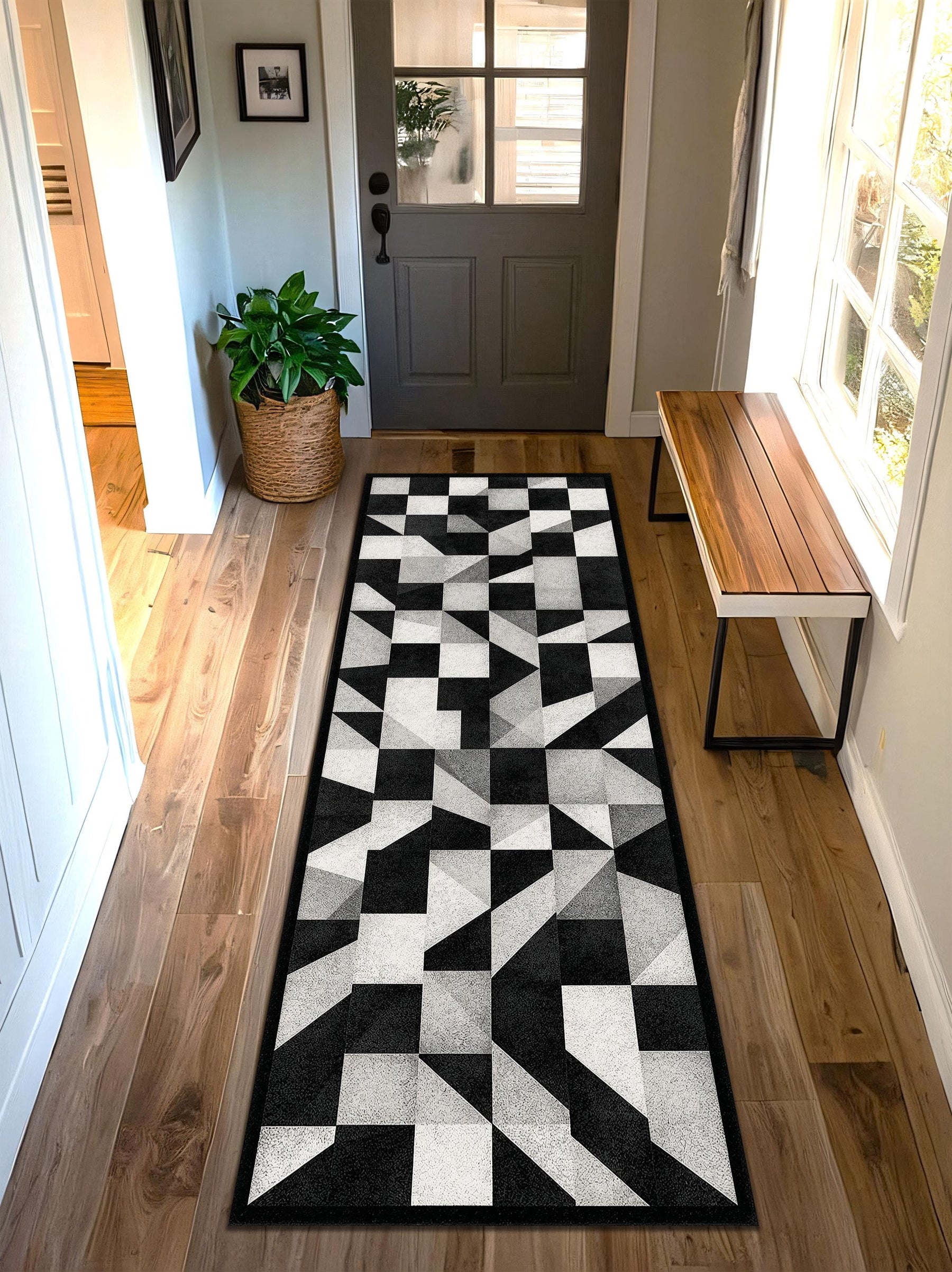 Modern Geometric Runner Rug in Black White Gray – Contemporary Hallway Entryway Kitchen Carpet, Low Pile Easy Care, Washable Non Slip Carpet