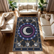 Celestial Moon Phase Mosaic Rug, Boho Astrology Area Carpet, Starry Night Crescent Moon Decor for Living Room Bedroom, Cosmic Aesthetic
