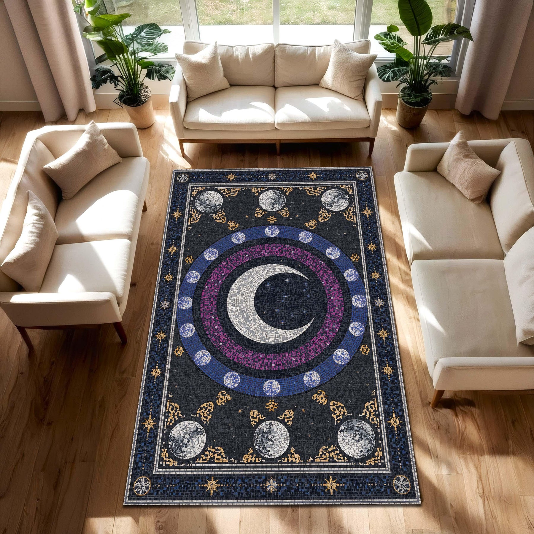 Celestial Moon Phase Mosaic Rug, Boho Astrology Area Carpet, Starry Night Crescent Moon Decor for Living Room Bedroom, Cosmic Aesthetic