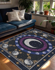 Celestial Moon Phase Mosaic Rug, Boho Astrology Area Carpet, Starry Night Crescent Moon Decor for Living Room Bedroom, Cosmic Aesthetic