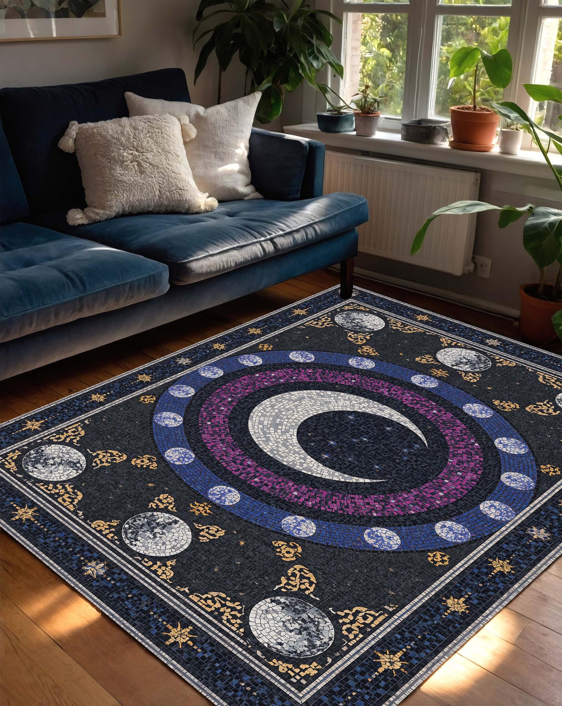 Celestial Moon Phase Mosaic Rug, Boho Astrology Area Carpet, Starry Night Crescent Moon Decor for Living Room Bedroom, Cosmic Aesthetic