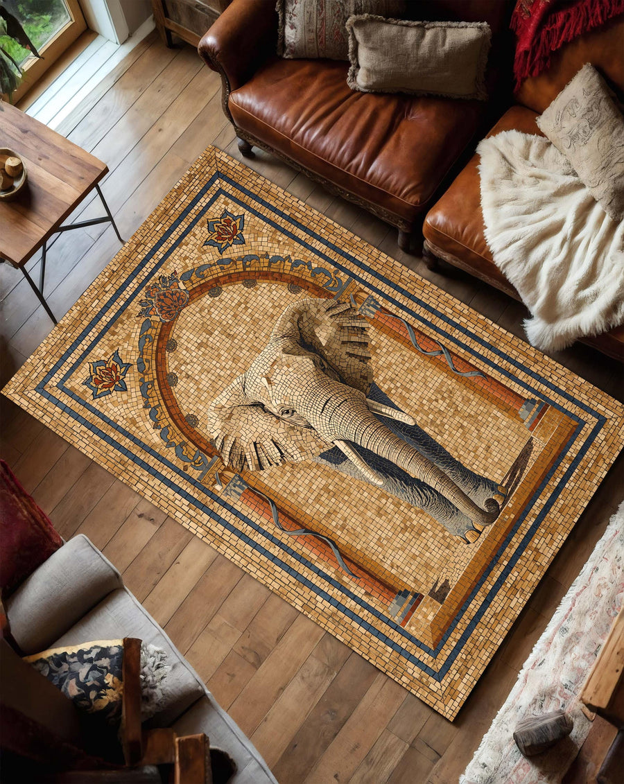 Elephant Mosaic Area Rug, Boho Safari Decor Carpet, Vintage Arch Pattern, Living Room Bedroom Floor Mat, African Wildlife Art Home Accent