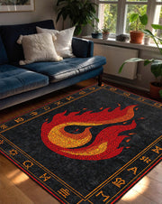 Fire Element Mosaic Flame Rug with Rune Border, Black Red Area Rug for Living Room Bedroom, Occult Gothic Decor Gift, Fire Ember Design Rug