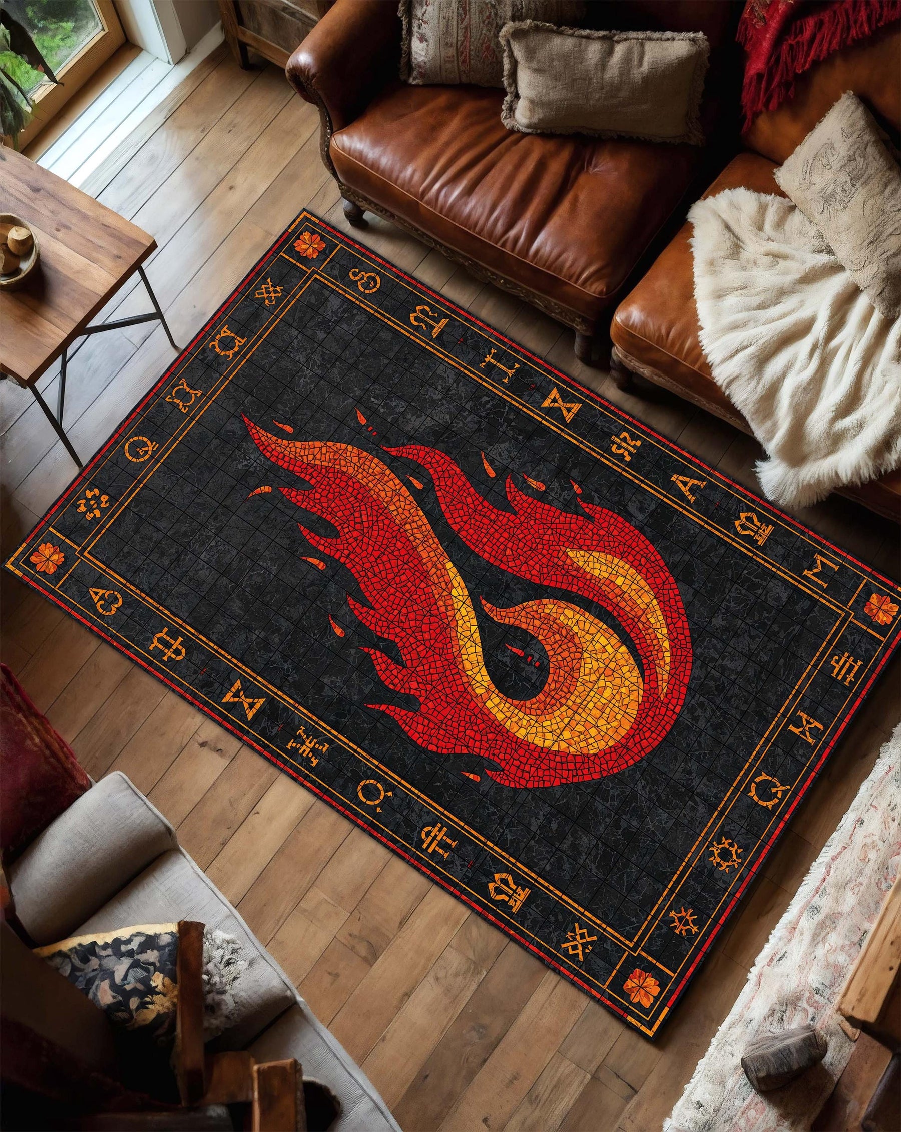 Fire Element Mosaic Flame Rug with Rune Border, Black Red Area Rug for Living Room Bedroom, Occult Gothic Decor Gift, Fire Ember Design Rug