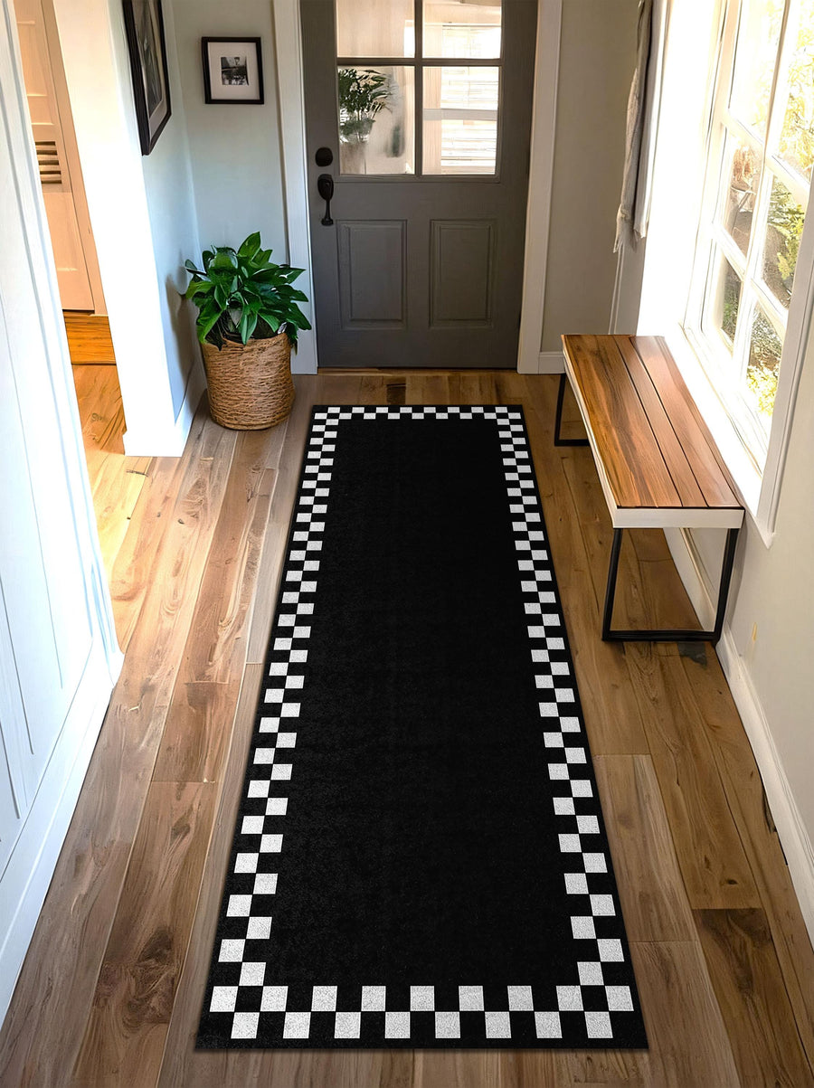 Black Checkerboard Border Runner Rug, Modern Black and White Hallway Runner, Minimalist Entryway Carpet, Geometric Checkered Floor Decor