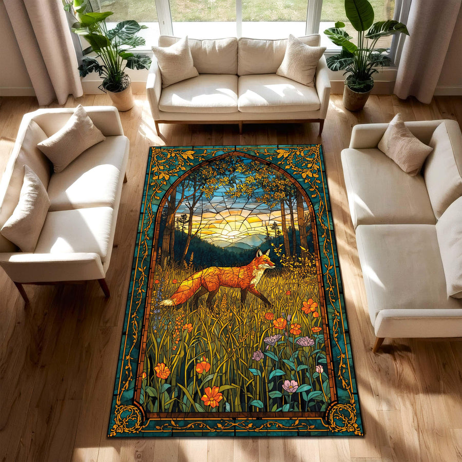 Stained Glass Fox Area Rug – Art Nouveau Woodland Carpet, Colorful Nature Decor for Living Room Bedroom, Cottagecore Rustic Boho Floor Mat