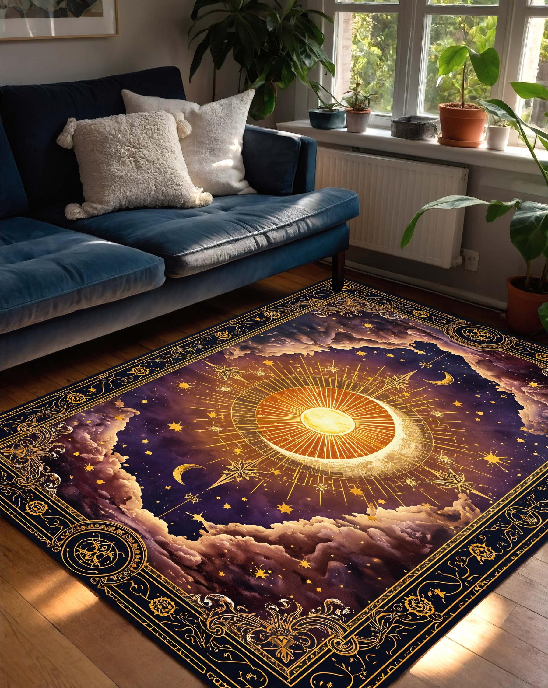 Celestial Sun Moon Area Rug, Boho Astrology Carpet, Vintage Starry Night Living Room Decor, Mystical Galaxy Floor Mat, Witchy Gift