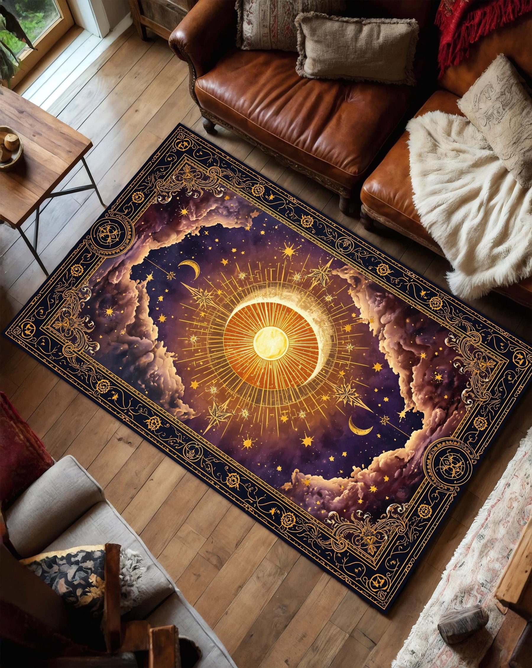 Celestial Sun Moon Area Rug, Boho Astrology Carpet, Vintage Starry Night Living Room Decor, Mystical Galaxy Floor Mat, Witchy Gift