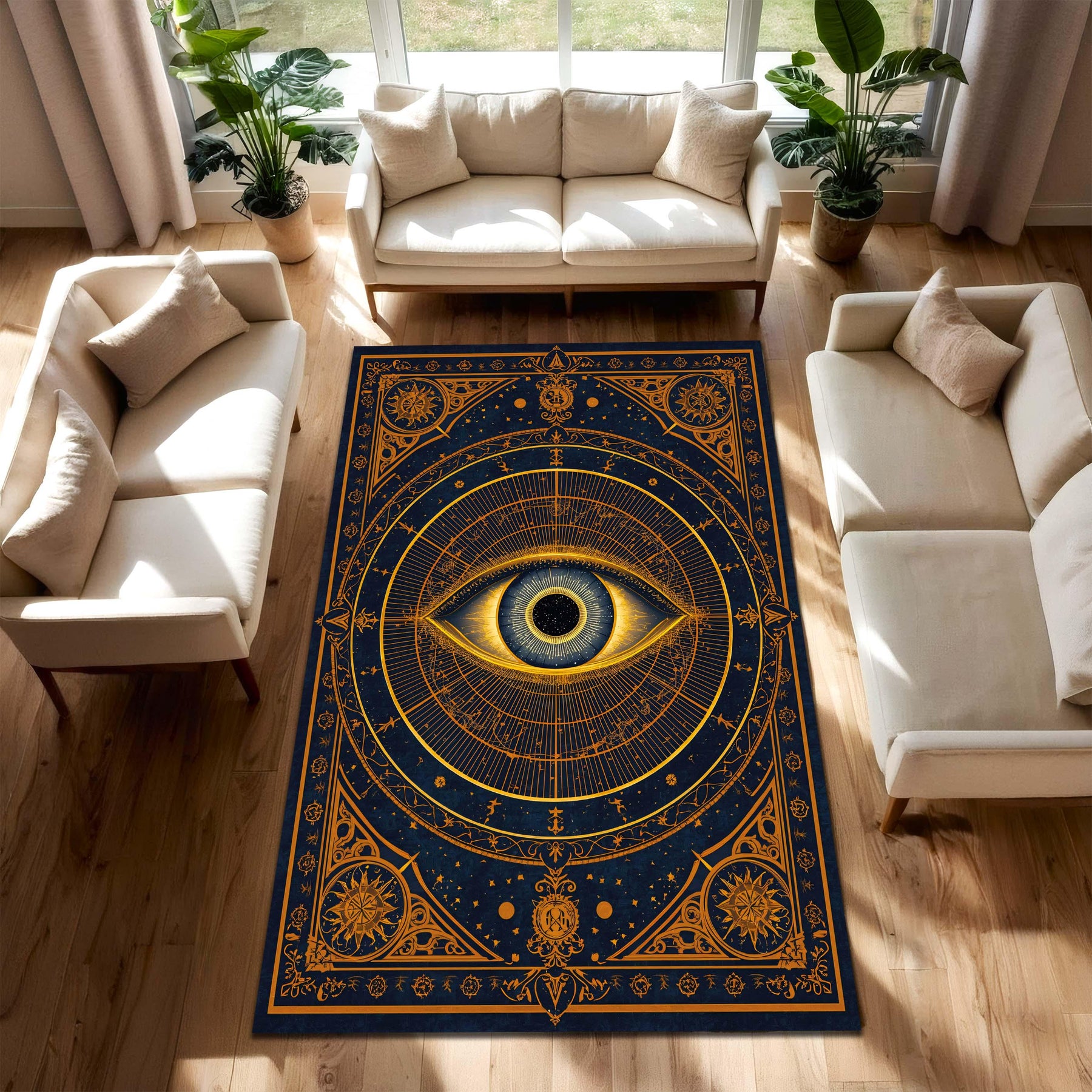 All Seeing Eye Rug, Mystical Celestial Area Carpet in Navy Gold, Occult Boho Witchy Decor, Esoteric Astrology Living Room Bedroom Mat