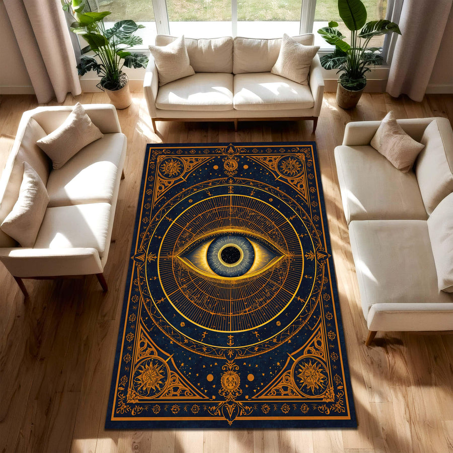 All Seeing Eye Rug, Mystical Celestial Area Carpet in Navy Gold, Occult Boho Witchy Decor, Esoteric Astrology Living Room Bedroom Mat